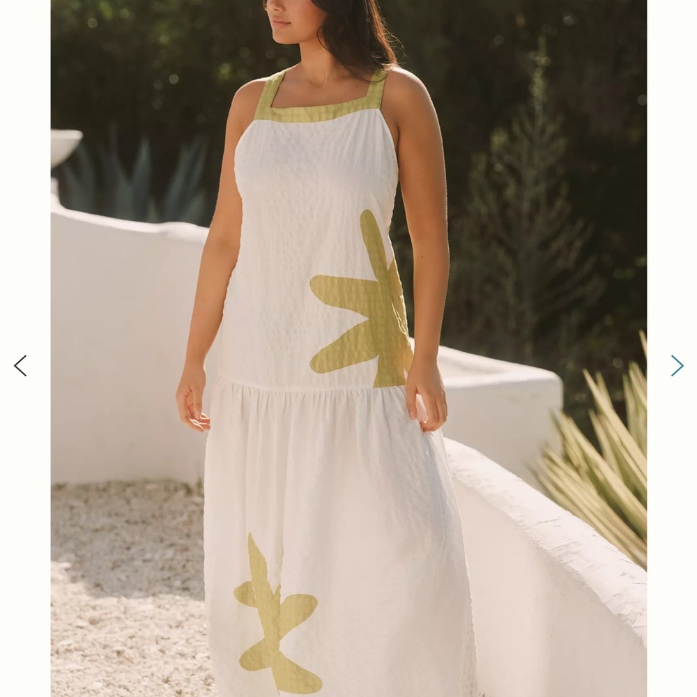 White Maxi Dress with Green Leaf Design